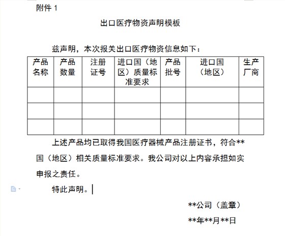 出口医疗物资声明模板