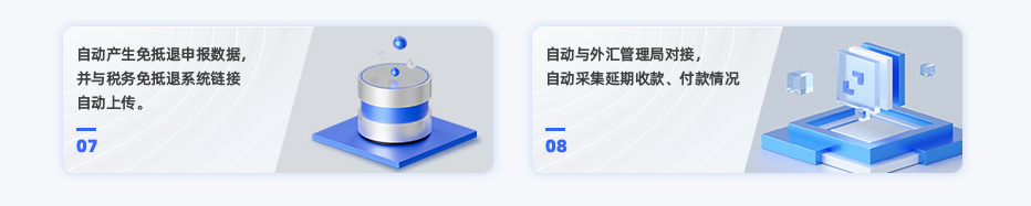 自动产生免抵退申报数据，并与税务免抵退系统链接自动上传。 自动与外汇管理局对接，自动采集延期收款、付款情况。